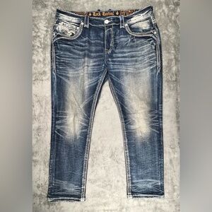 Rock Revival Jeans Dimitri Mens 40x30 Slim Straight Leather Inserts Embroidered